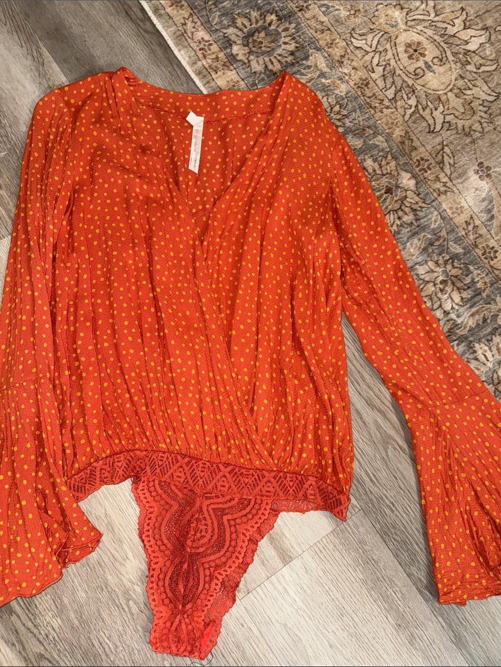 Free People Red-Orange Polka Dot Lace-Trim Bodysuit